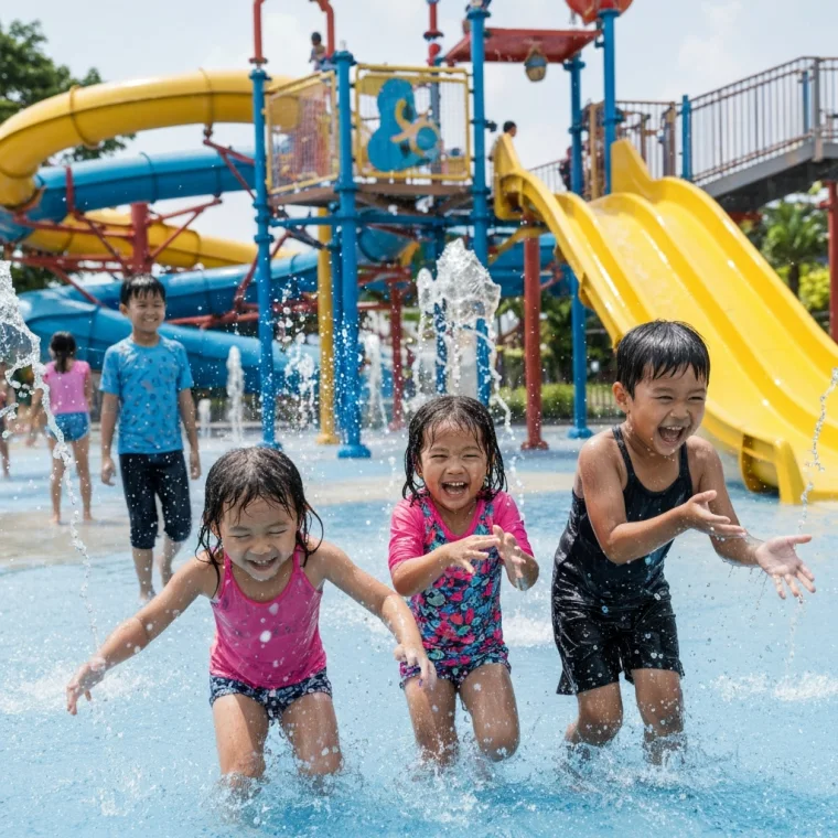 Children laughing as they run through a water theme park together