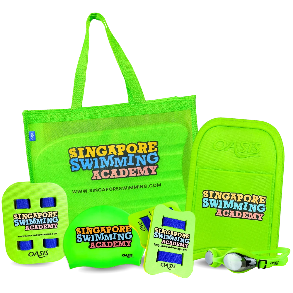 The full Singapore Swimming Academy premium swim kit: mesh tote bag, kickboard, swim board, pull buoy, swim cap and goggles