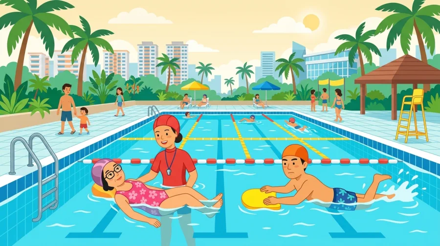 A swim coach teaching adult learners at a Singapore public pool