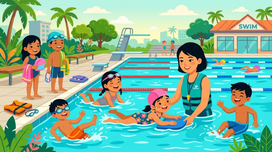 A swim coach teaching children at a Singapore public pool