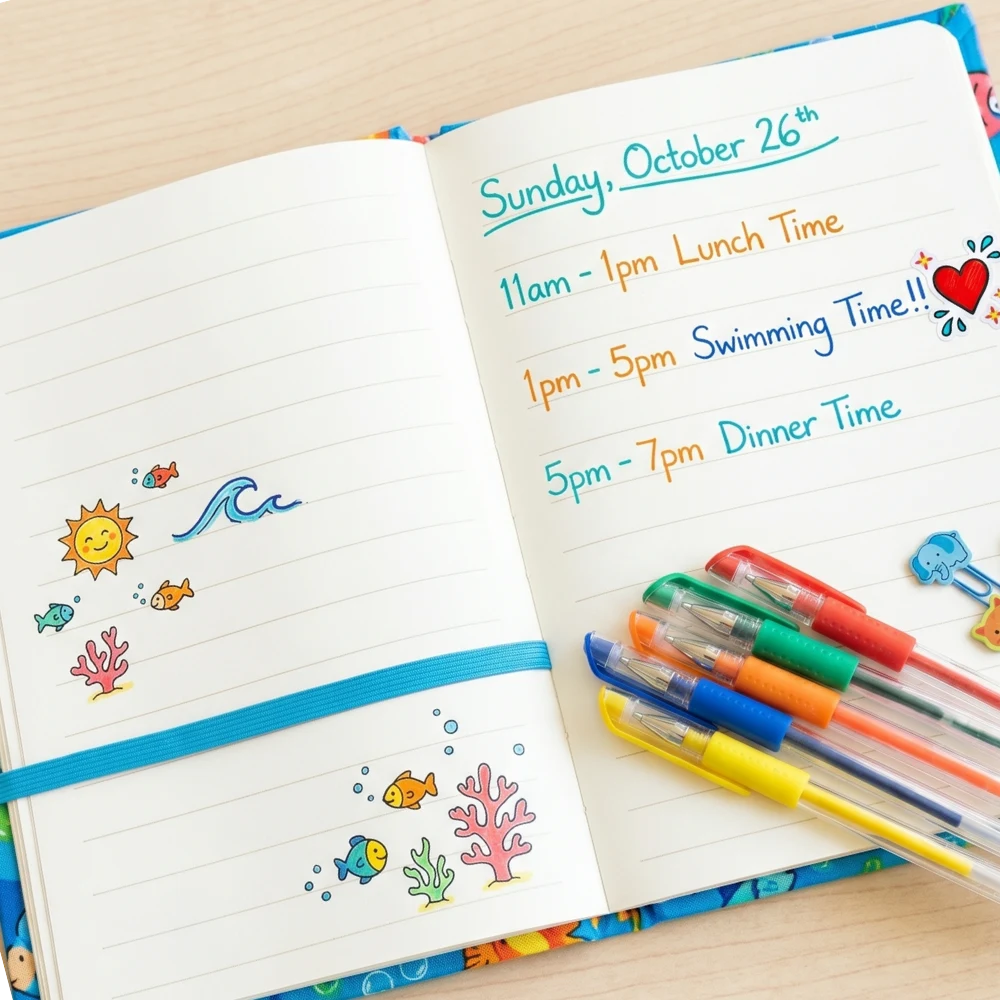 A child's weekend planner with swimming marked as the highlight of the day, beside colourful pens